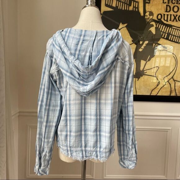 Cloth & Stone Melange Blue Plaid Fray Hem Button Front Hoodie Shirt XS - Picture 2 of 8